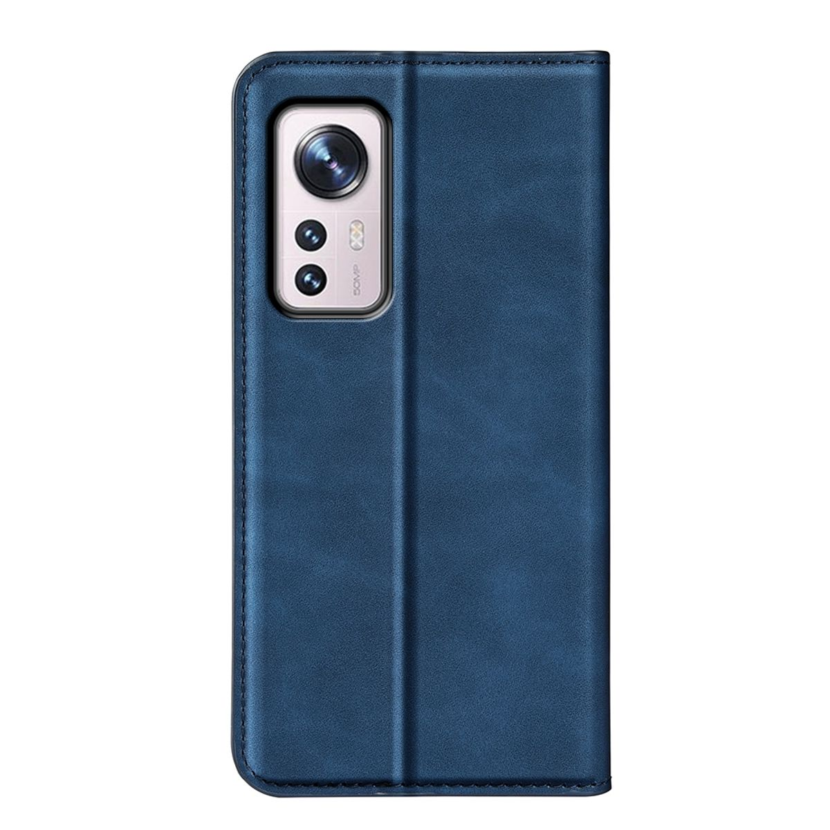 Dunkelblaue Handyhülle geschlossen. Telefonkamera sichtbar. Hülle hat einen Verschluss.