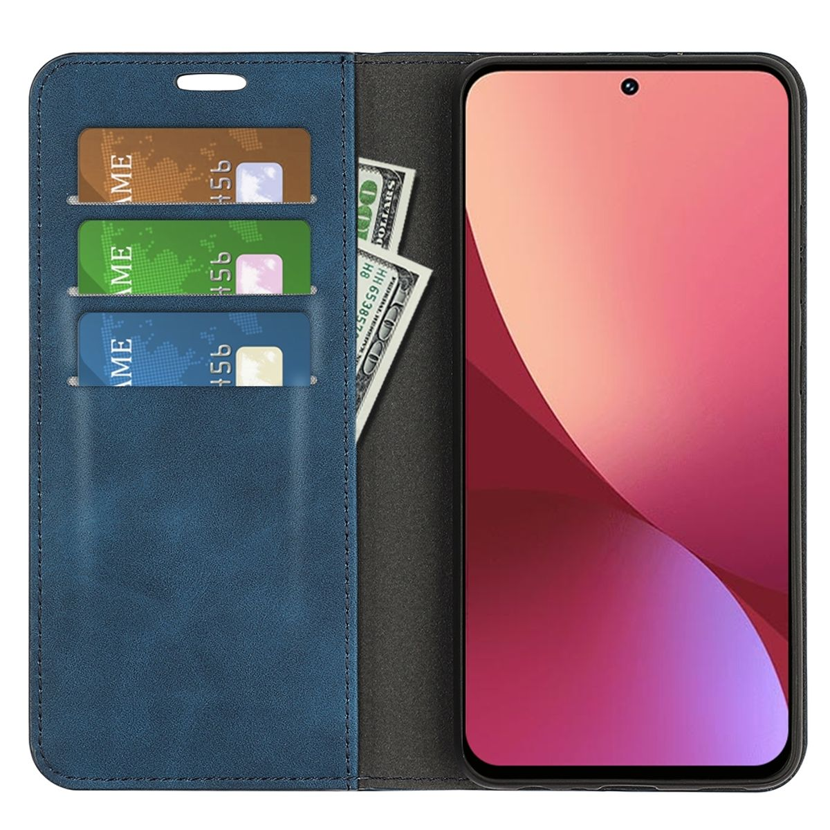 Eine blaue Handy-Geldbörsenhülle, offen, mit Kartenfächern und Bargeld sowie einem Telefon mit dunkelrotem Bildschirm.