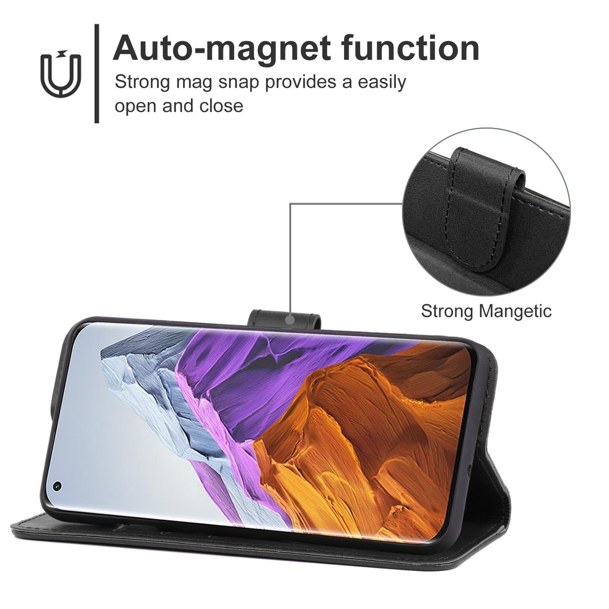 Schwarze Handyhülle offen mit Telefon. Hat einen Magnetverschluss.