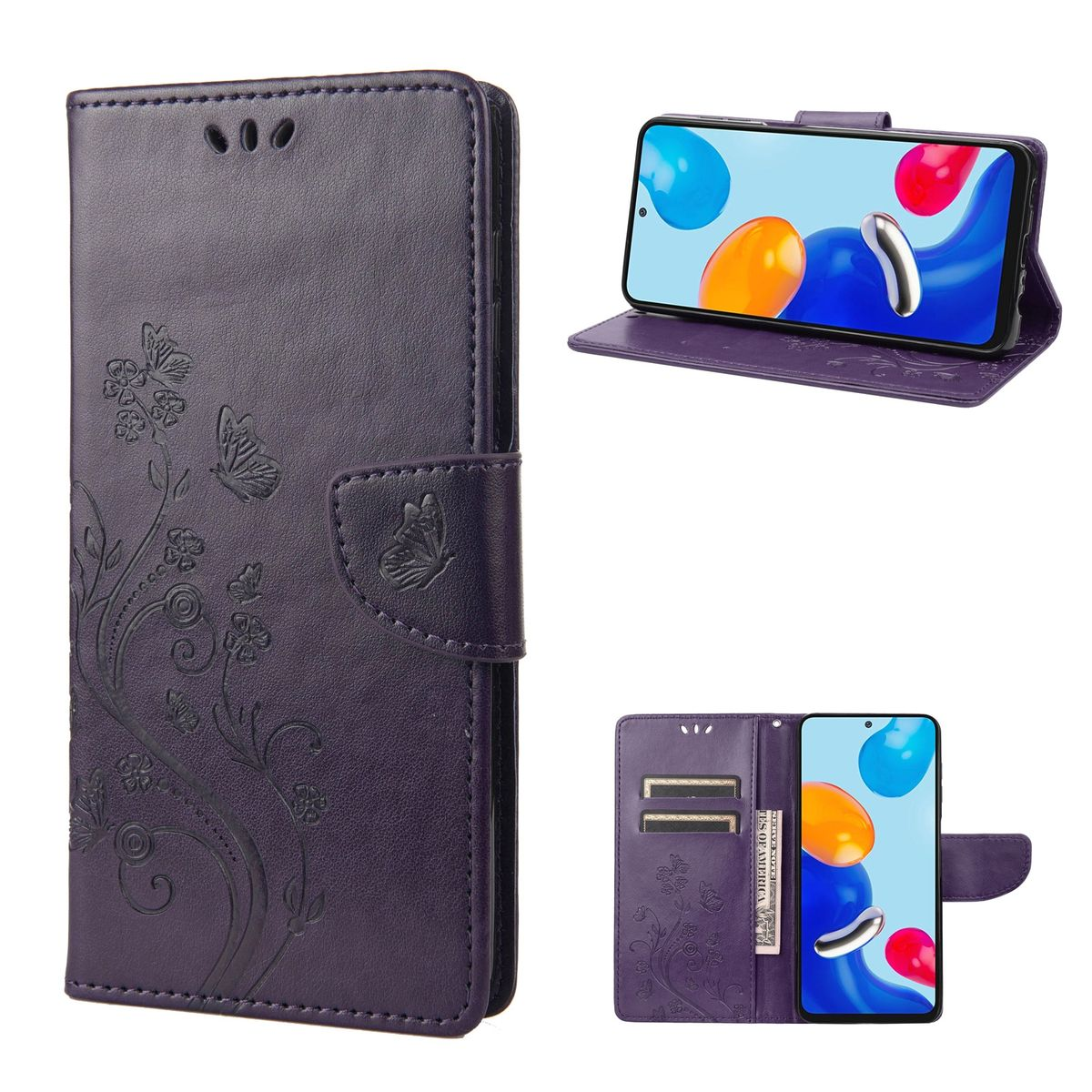 Lila Handyhülle mit floralem Design. Enthält Kartenfächer und ein Telefon mit Bildschirm.