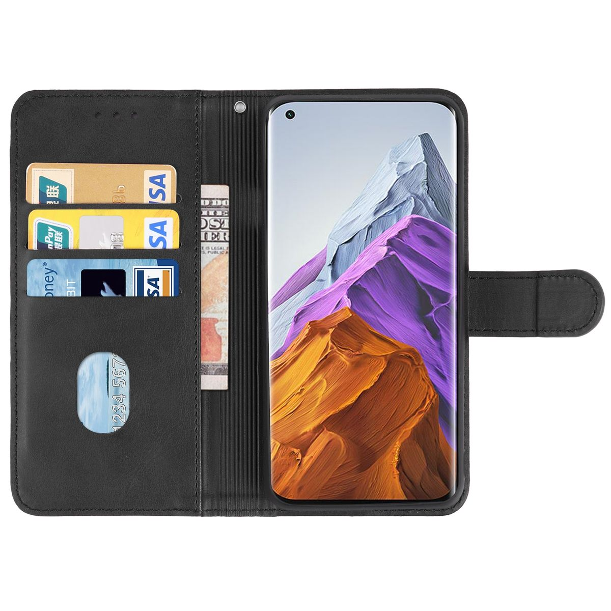 Schwarze Handyhülle, offen. Zeigt ein Telefon mit Berglandschaft. Hat Kartenfächer.