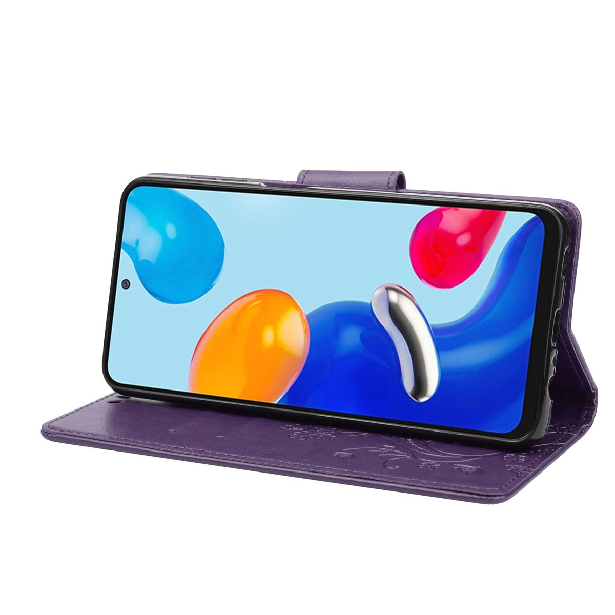Lila Handyhülle offen. Das Telefon hat einen bunten Bildschirm. Blumendesign auf der Hülle.