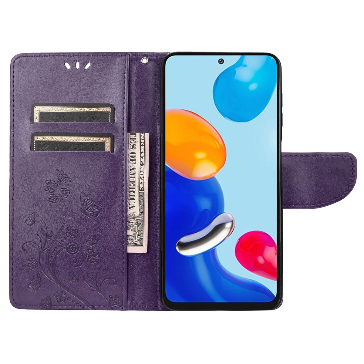 Lila Handyhülle offen. Telefon mit Geldschein darin. Blumenmuster.