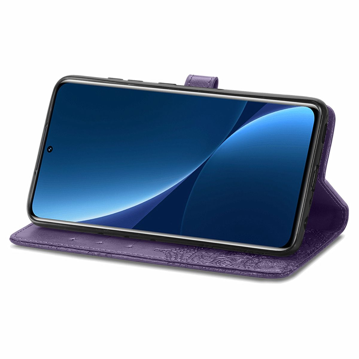 Lila Handyhülle mit Telefon darin. Das Telefon ist offen, der Bildschirm ist an.