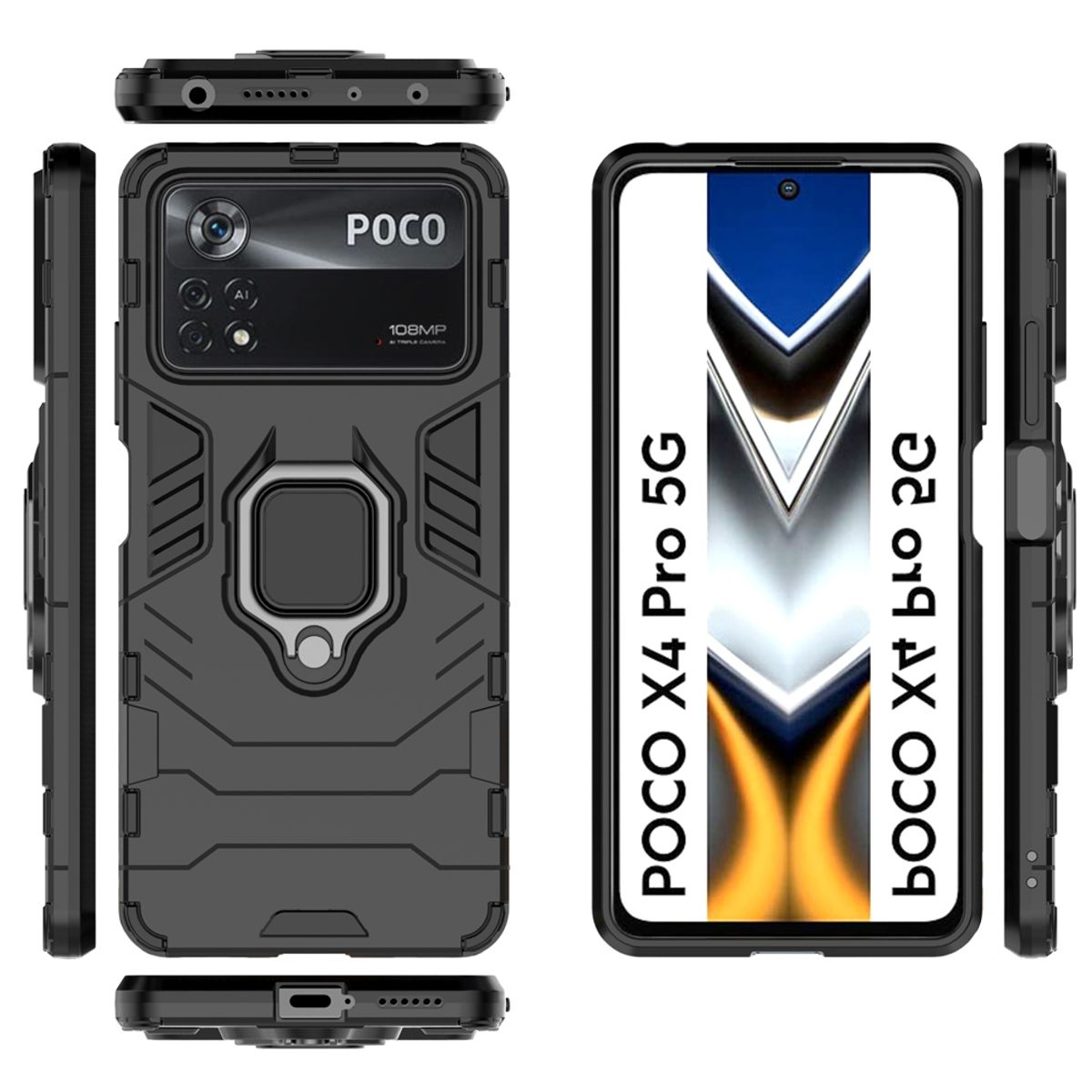 Schwarze Handyhülle. Mehrere Winkel gezeigt. Text auf der Hülle: POCO X4 Pro 5G. Weißer Hintergrund.