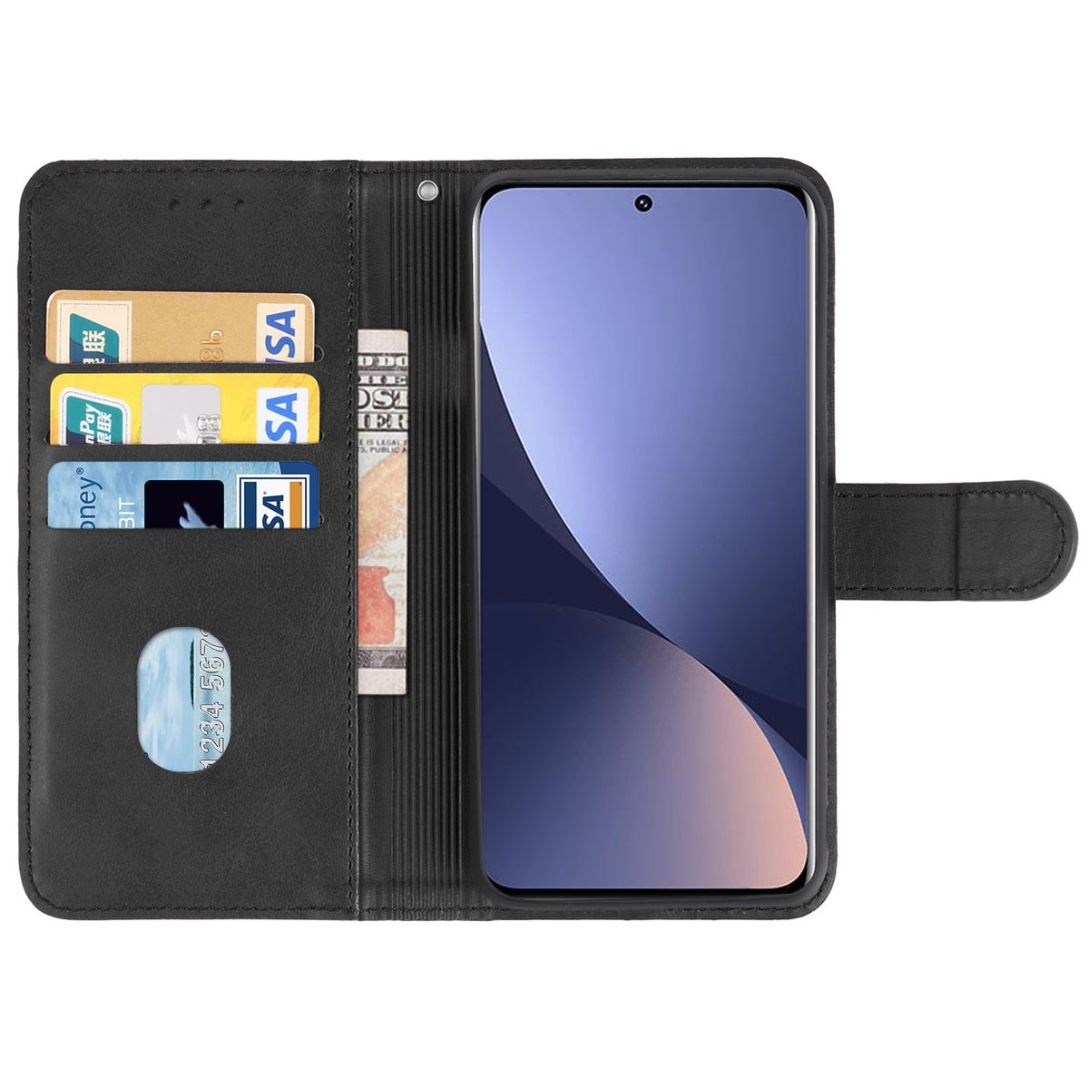 Eine schwarze Handyhülle mit Karten und einem Telefon, das einen hellvioletten Bildschirm anzeigt.