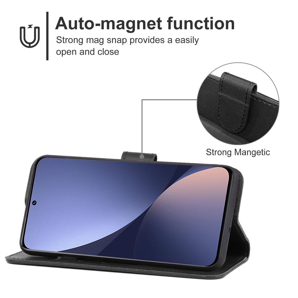 Schwarzes Telefon in schwarzem Etui, geöffnet, mit Text zur Auto-Magnetfunktion. Nahaufnahme zeigt Magnetverschluss.