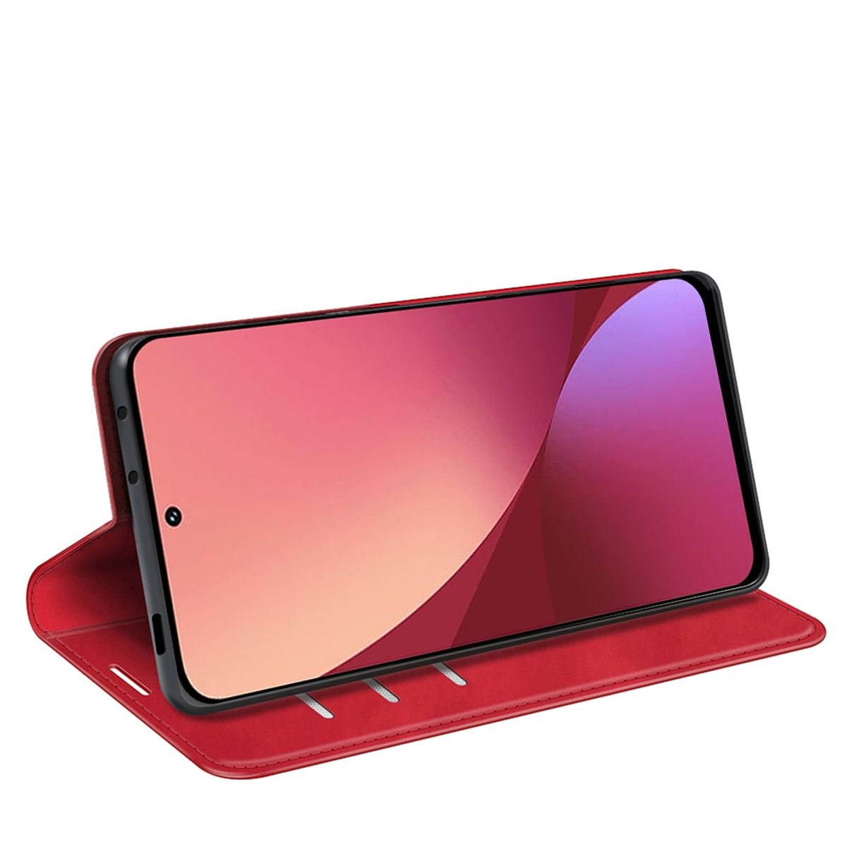 Rote Handyhülle, offen, mit Telefonbildschirm. Weißer Hintergrund.