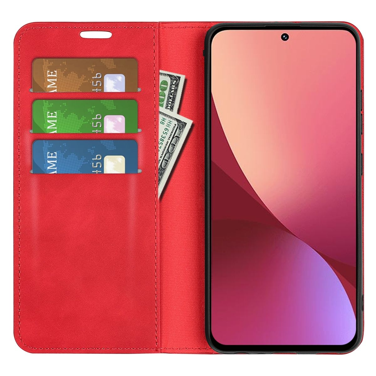 Rote Handyhülle, offen. Zeigt ein Telefon, Karten und Bargeld.