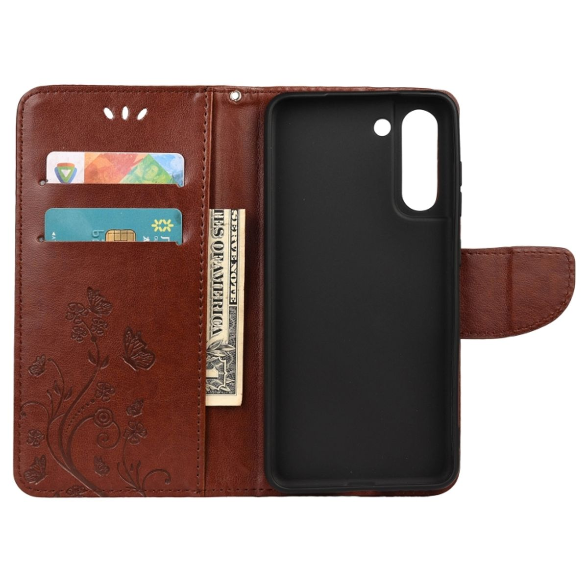 Braune Handyhülle offen mit Geld, Karten und Telefon. Hülle hat Schmetterlingsdetails.