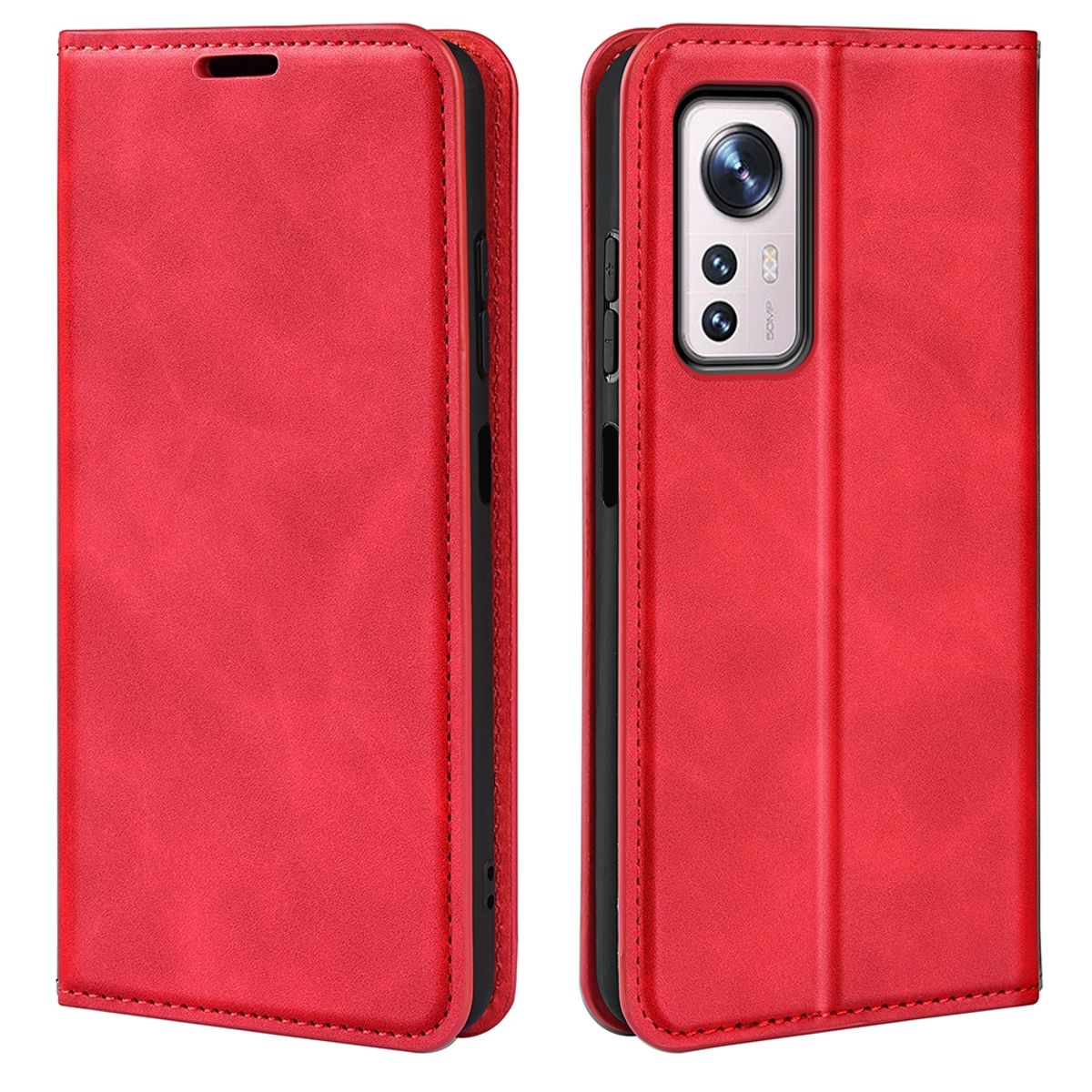 Rote Handy-Brieftaschenhülle, offen, zeigt ein Telefon. Die Hülle ist rot.