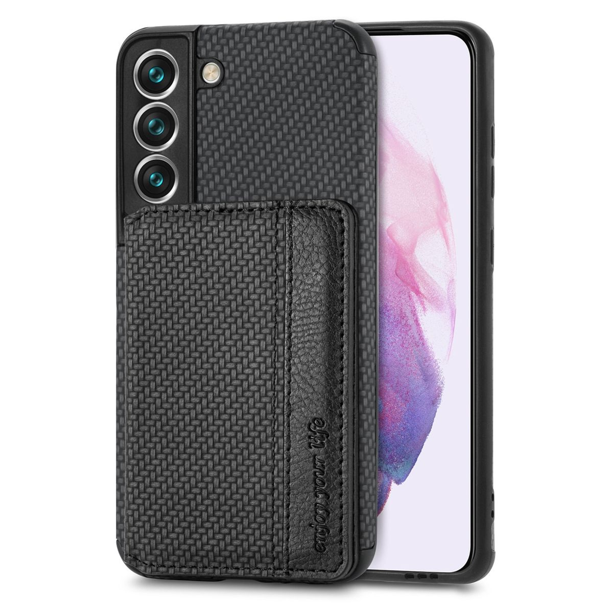 Schwarze Handyhülle mit angebrachtem Kartenhalter. Die Rückseite des Telefons und ein Kartenhalter sind sichtbar.