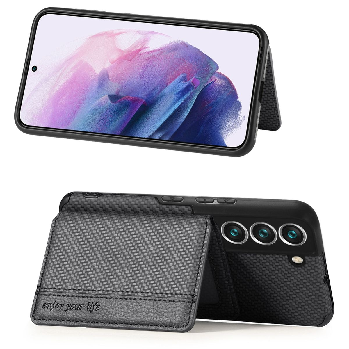 Handyhülle mit Telefon. Die Handyhülle hat einen Kartenhalter.