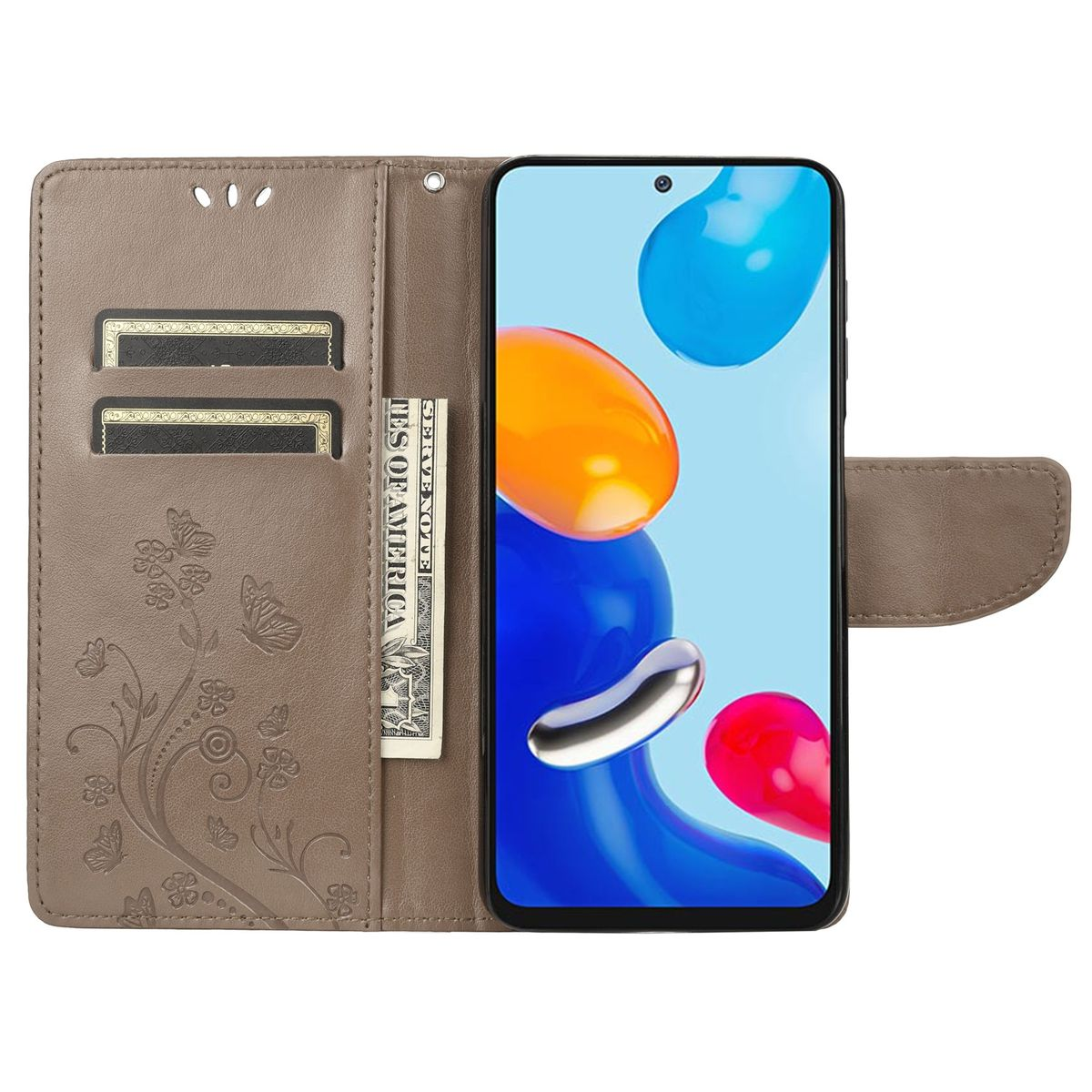 Eine offene Handyhülle mit Karten und Geld. Ein Telefon ist sichtbar. Die Hülle ist braun und zeigt Schmetterlinge.