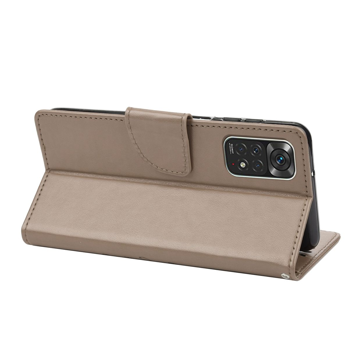 Beige Handyhülle, offen, Telefon innen. Die Rückseite des Telefons ist sichtbar.