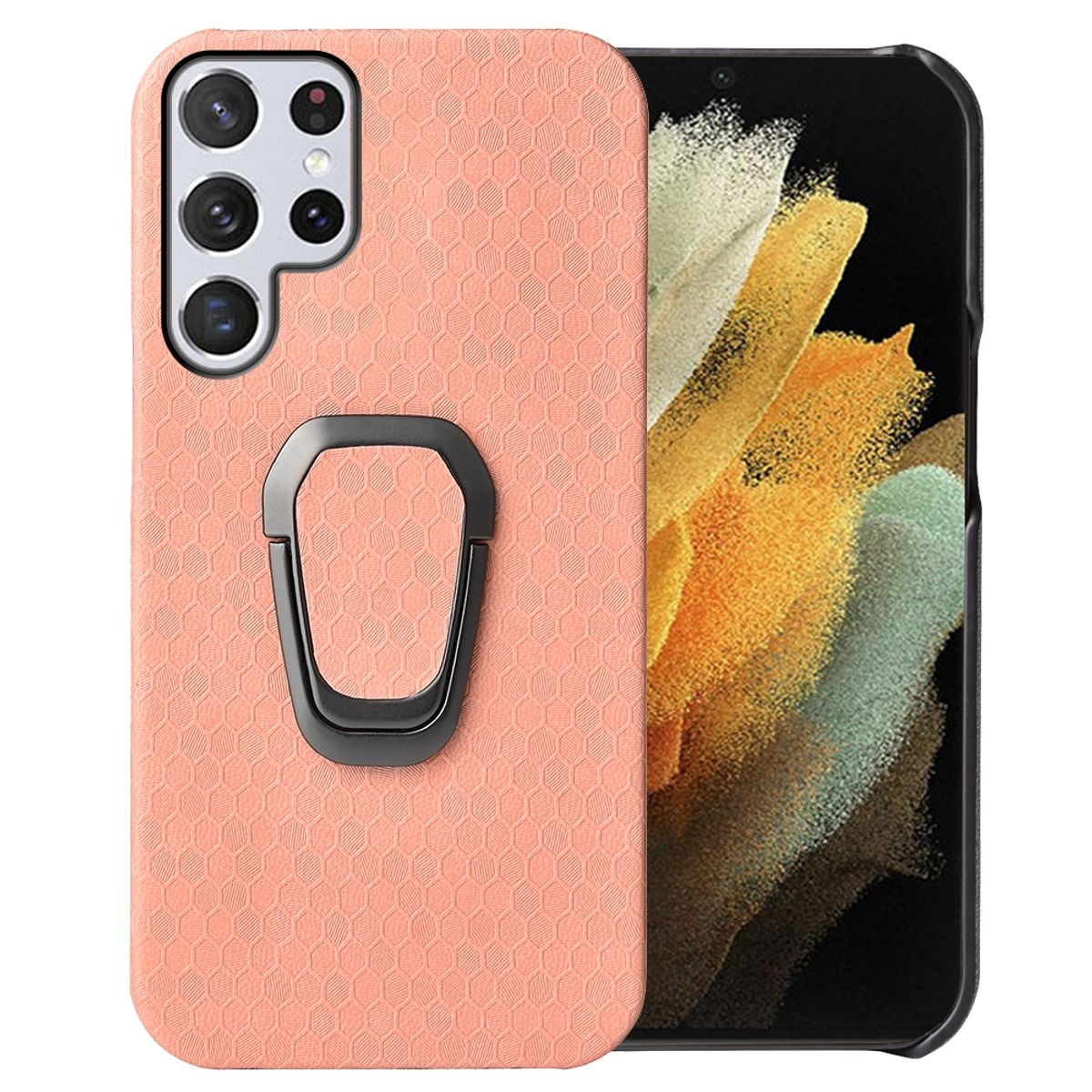 Telefon mit rosa Hülle und schwarzem Ring. Das Telefon befindet sich auf weißem Hintergrund.