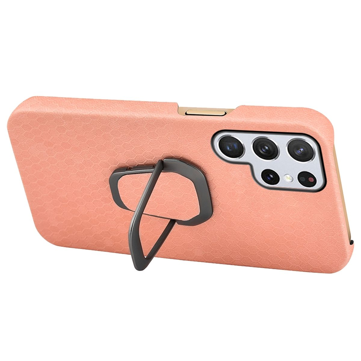 Rosa Handyhülle mit Telefon. Das Gehäuse hat einen Ringhalter.