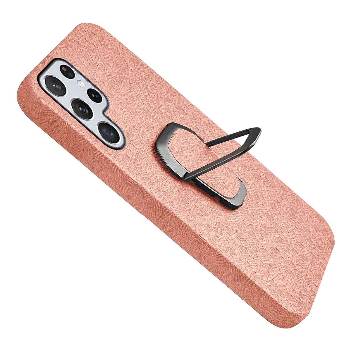 Rosa Handyhülle mit Ringhalter. Telefon mit mehreren Kameras ist abgewinkelt. Rosa strukturierte Oberfläche.