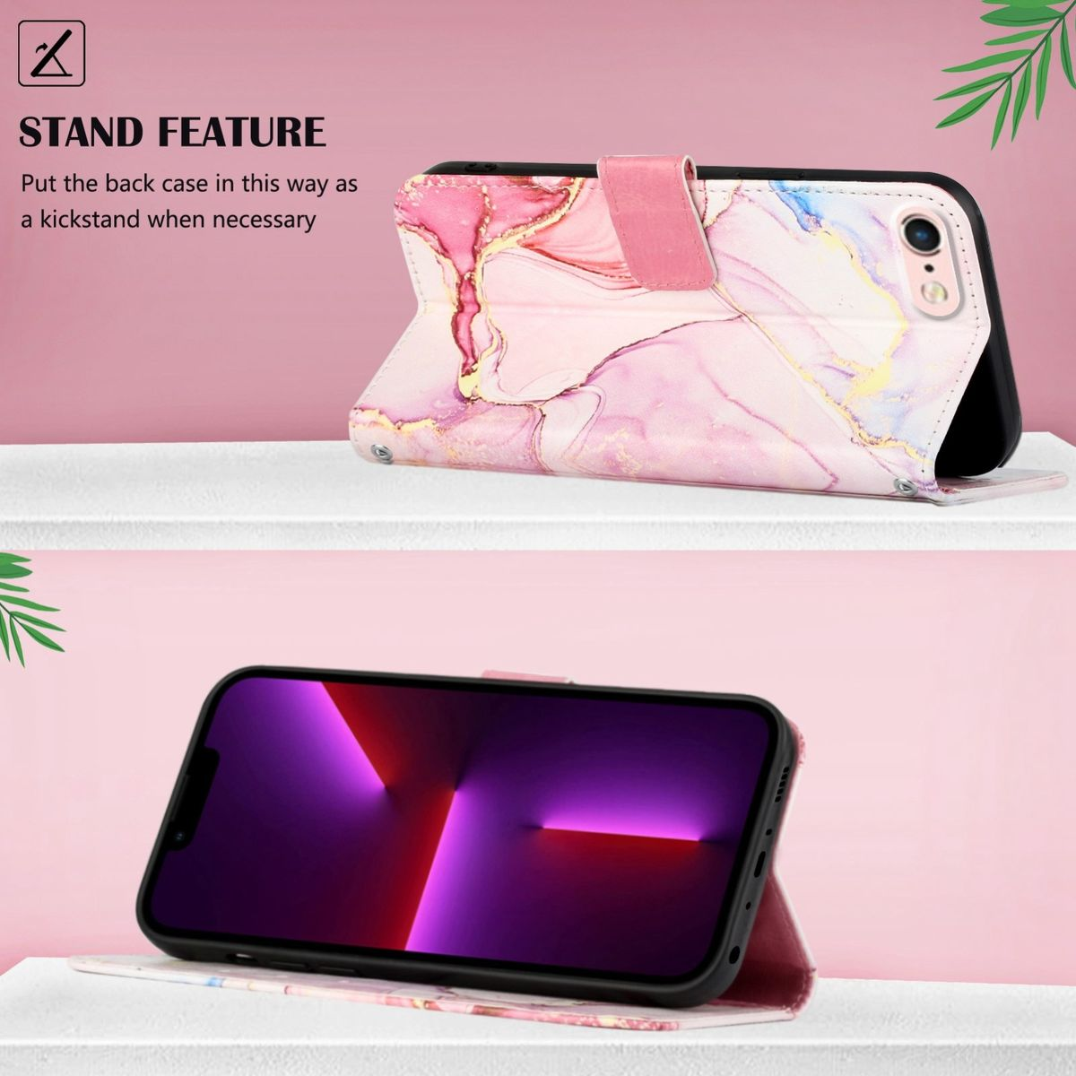 Eine Handyhülle mit Marmordesign und einem Telefon darin. Das Telefon befindet sich in einer Ständerposition.