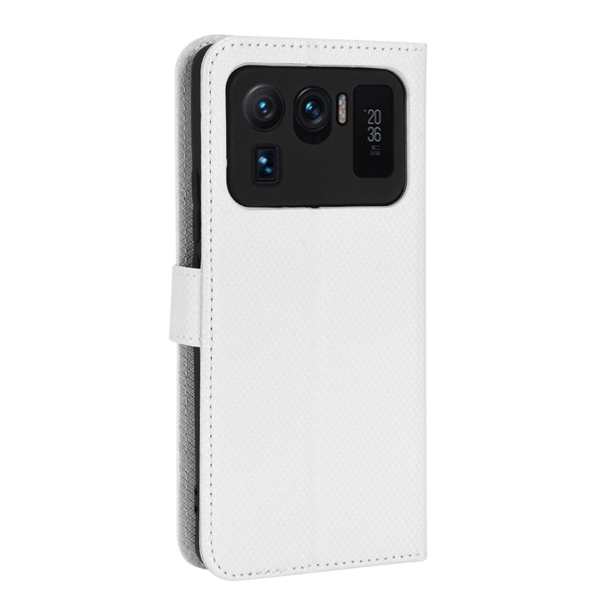 Weiße Handyhülle geschlossen, mit einem Telefon darin. Die Hülle hat eine strukturierte Oberfläche.