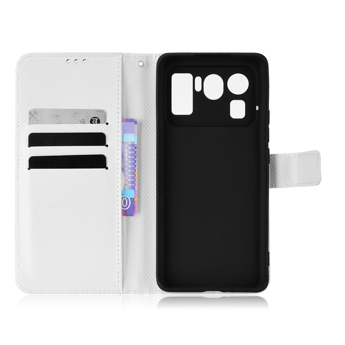 Weiße Handyhülle, offen, zeigt Kartenfächer und ein Telefon. Innen schwarz. Sauberes Design.