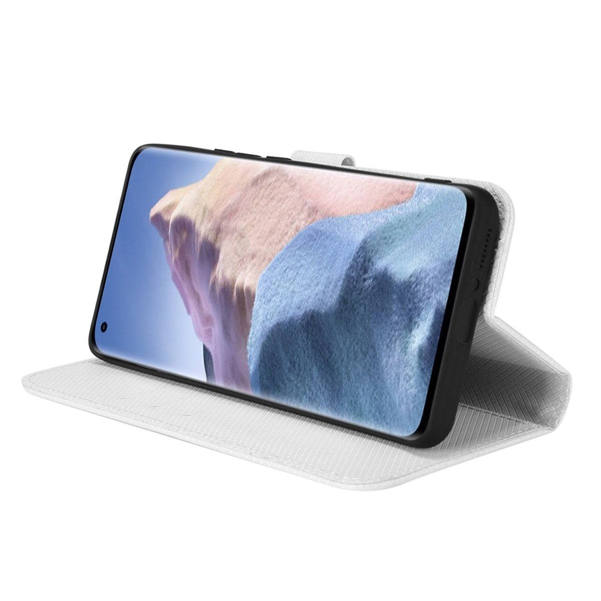 Weißes Handycase mit einem Handy darin. Das Telefon zeigt einen blauen und hellblauen Hintergrund. Weißer Hintergrund.