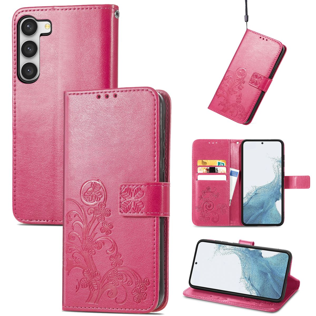 Rosa Handyhülle. Blumendesign, mehrere Ansichten. Geöffnete Hülle mit Karten und Telefon. Geschlossene Hülle.