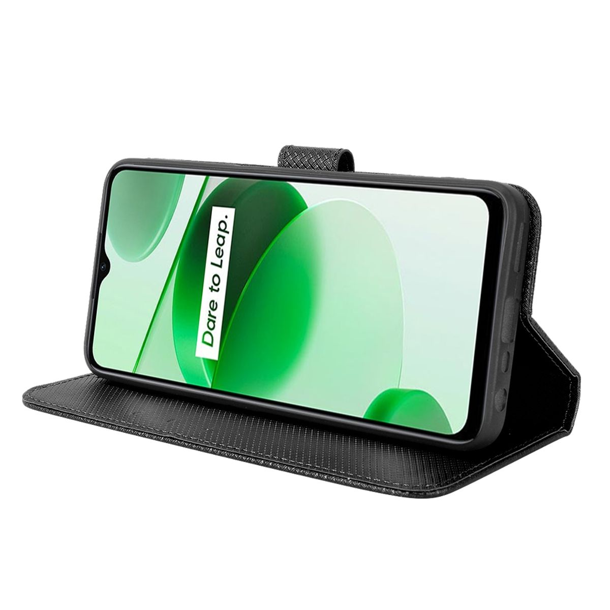 Telefon in schwarzer Hülle, geöffnet, mit Dare to Leap auf dem Bildschirm.