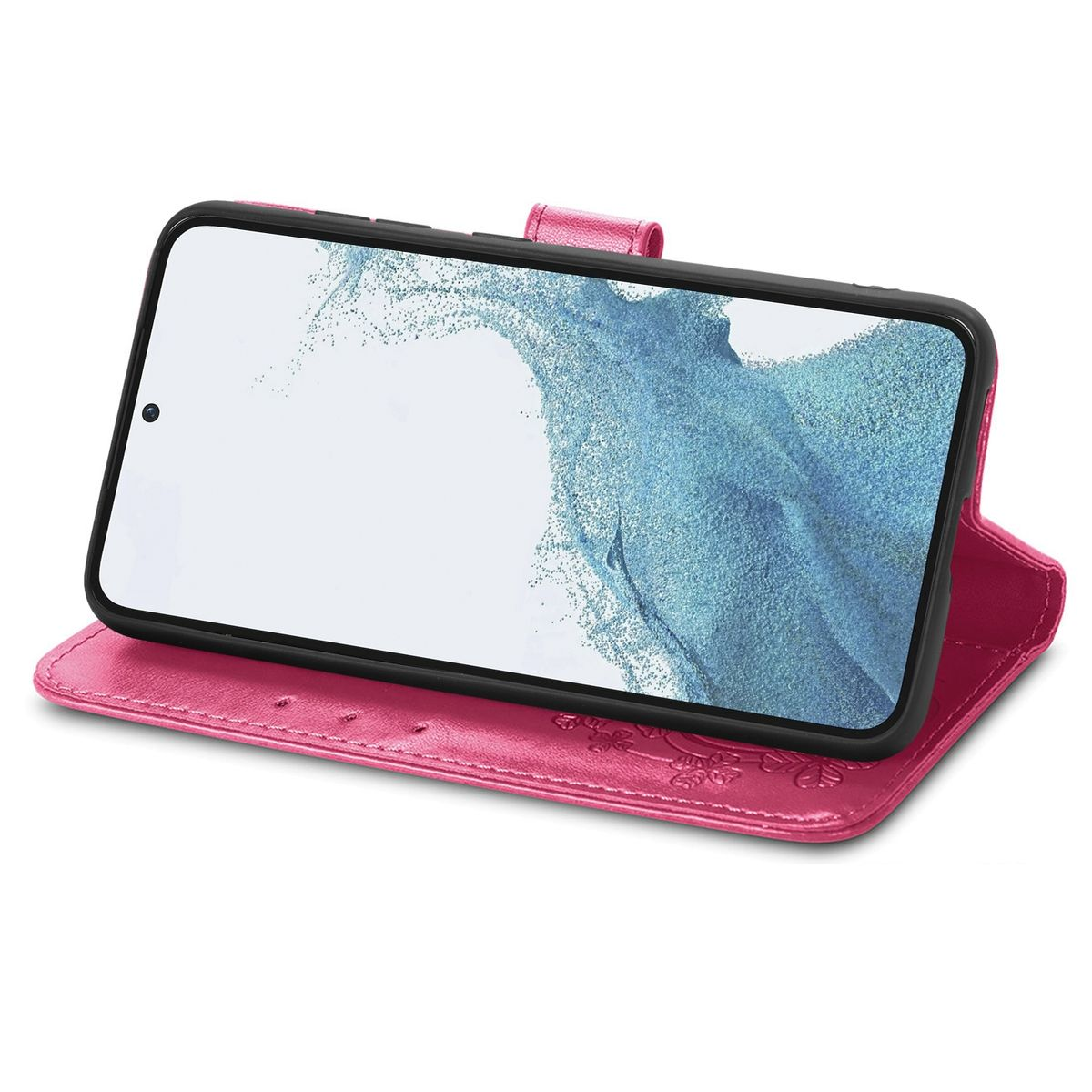 Offene rosa Handyhülle mit einem schwarzen Smartphone. Das Telefon zeigt einen Homescreen an.