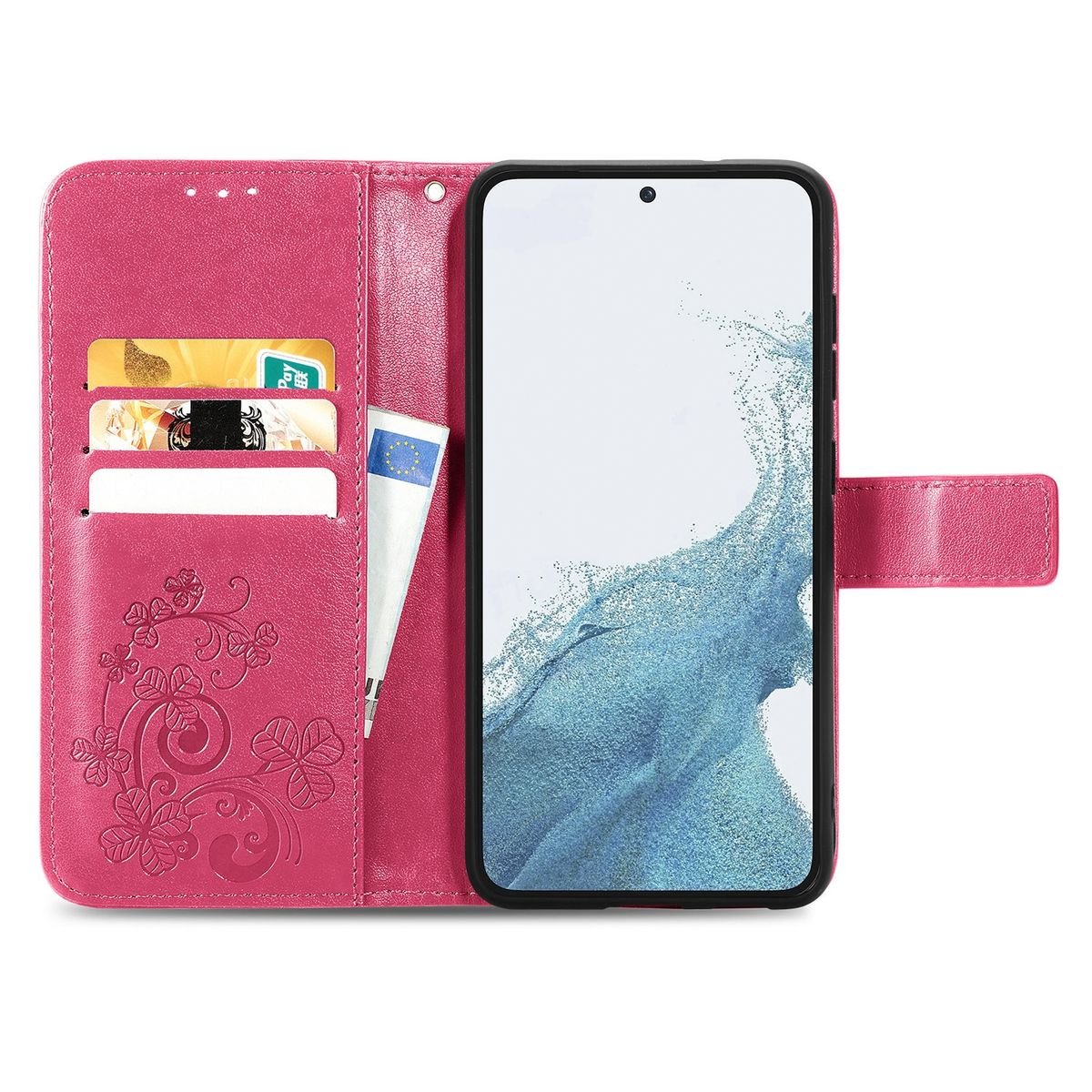 Rosa Handyhülle offen, mit Karten, einem Stift und einem Telefon.
