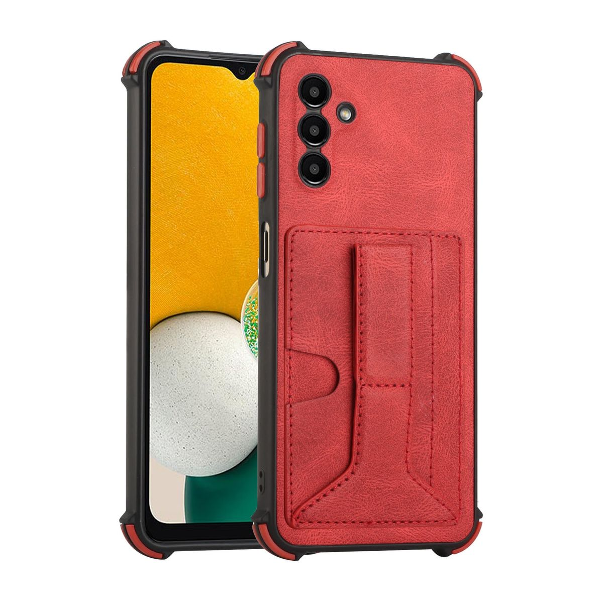 Rote Handyhülle mit Tasche. Das Telefon ist in der Hülle sichtbar. Die Hülle hat mehrere Linsen.