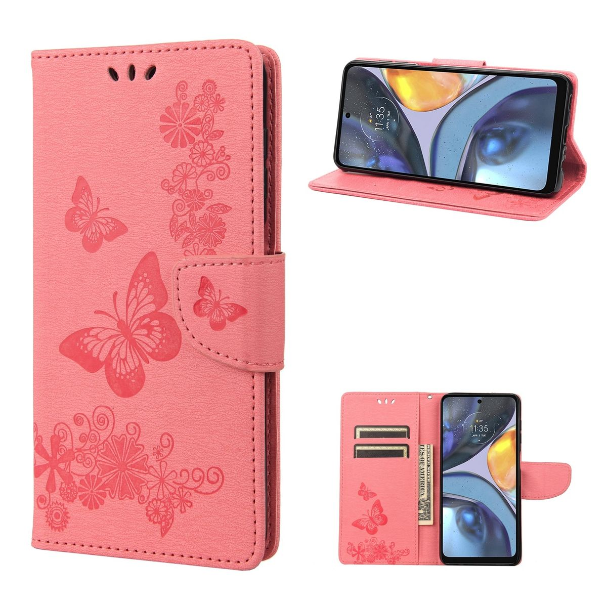 Rosa Handyhülle mit Schmetterlingsdesign. Geöffnet, um das Telefon und Karten zu zeigen.