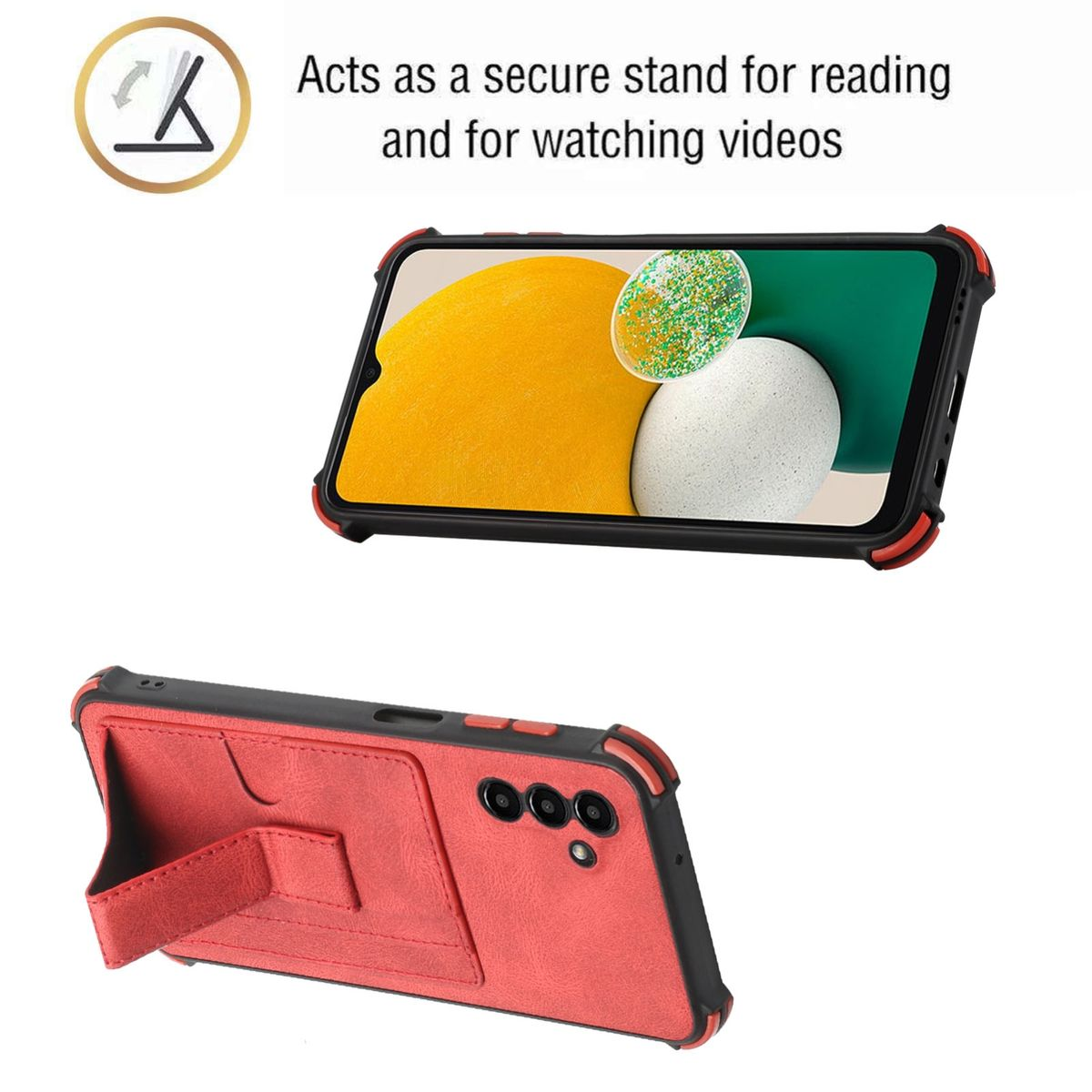 Telefon in roter Hülle. Hülle dient als Ständer und hat Kartenfächer. Text: Dient als sicherer Ständer.