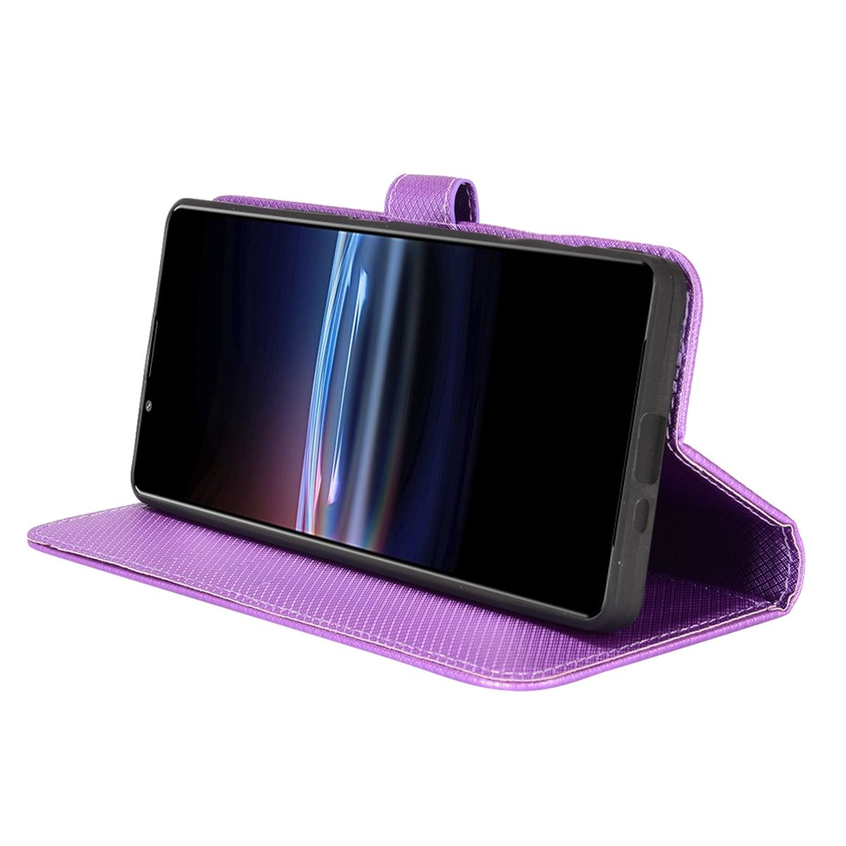 Eine lila Handyhülle ist geöffnet und zeigt ein schwarzes Telefon. Das Telefon ist aufgestellt.