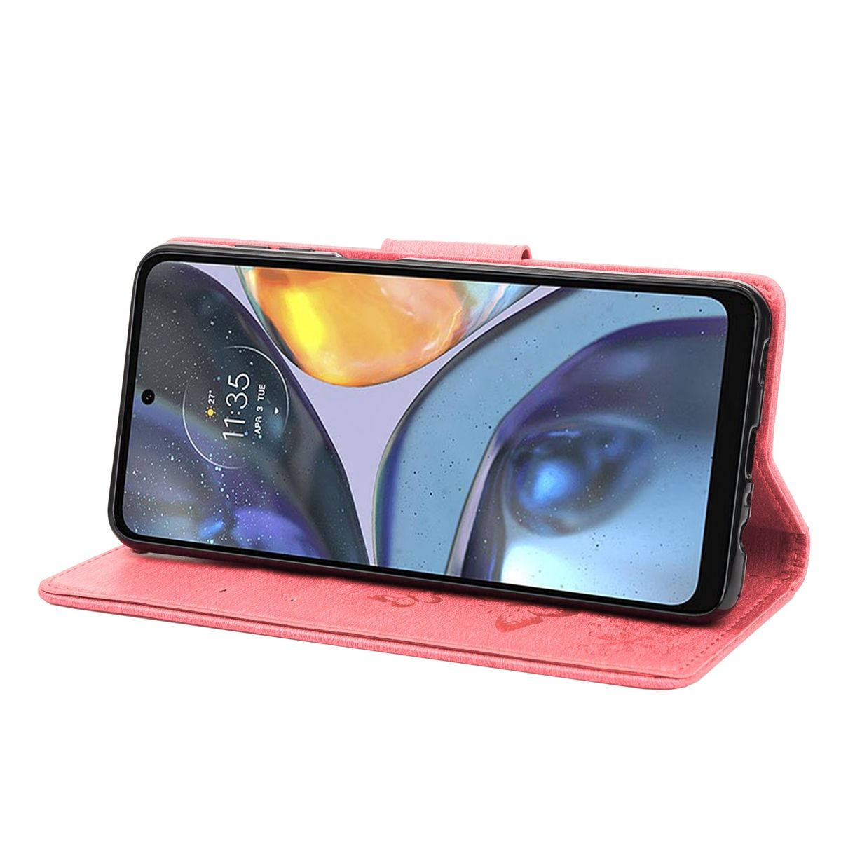 Rosa Handyhülle offen mit einem Telefon darin. Der Bildschirm zeigt ein verschwommenes orange-gelbes Bild.