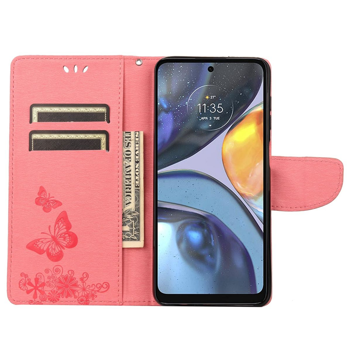 Rosa Handyhülle mit Schmetterlingsdesign. Karten und Bargeld sind innen sichtbar.