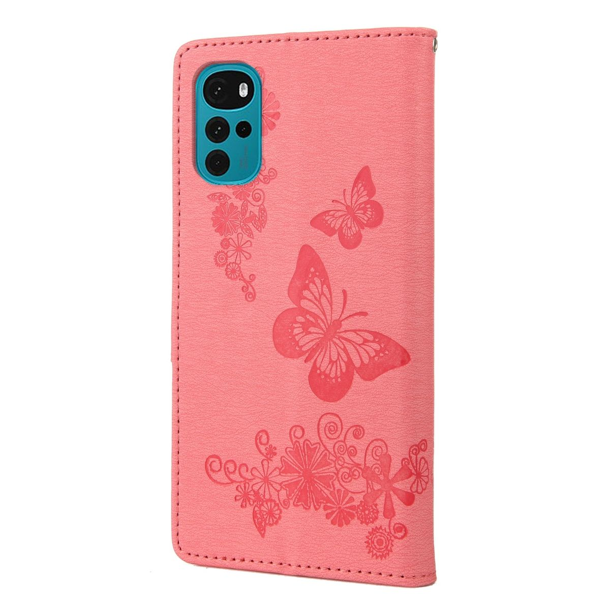 Eine rosa Handyhülle mit Schmetterlings- und Blumendesigns, mit einem Telefon mit mehreren Kameras.