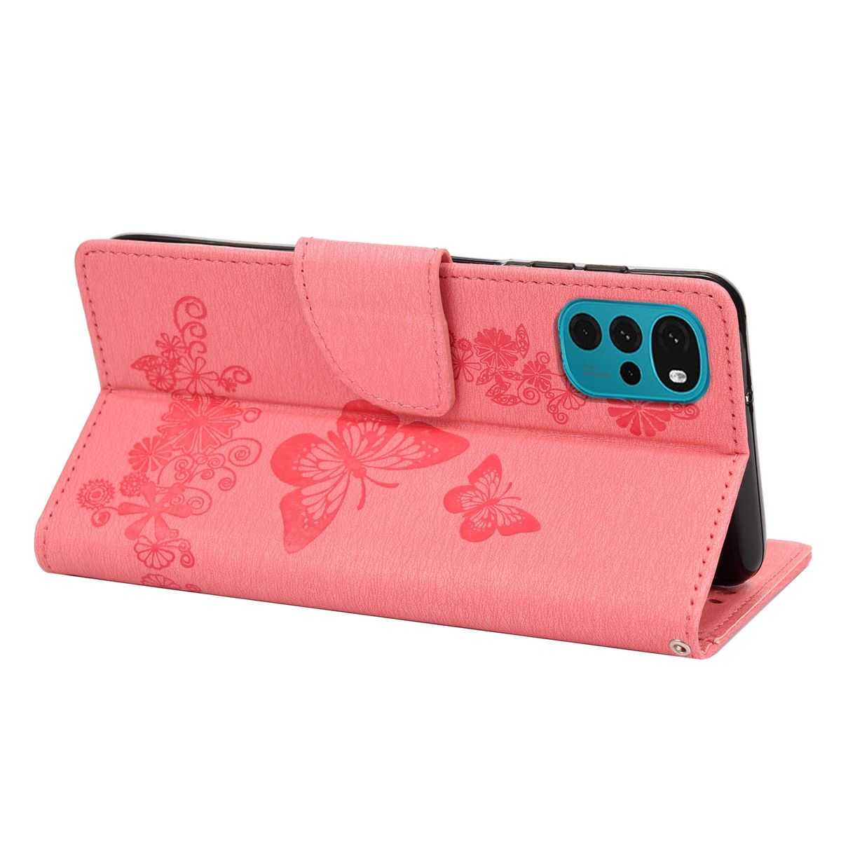 Rosa Handyhülle offen mit Telefon darin. Schmetterling und Blumenmuster.