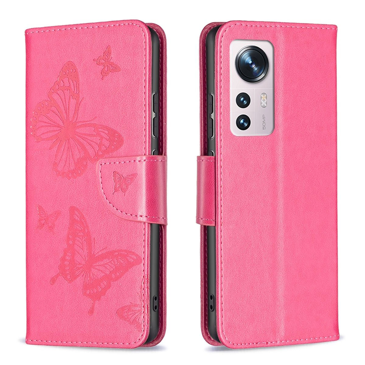 Pinke Handyhülle mit Schmetterlingsdesign. Geöffnete Hülle, Telefon sichtbar. Drei Schmetterlinge gezeigt.