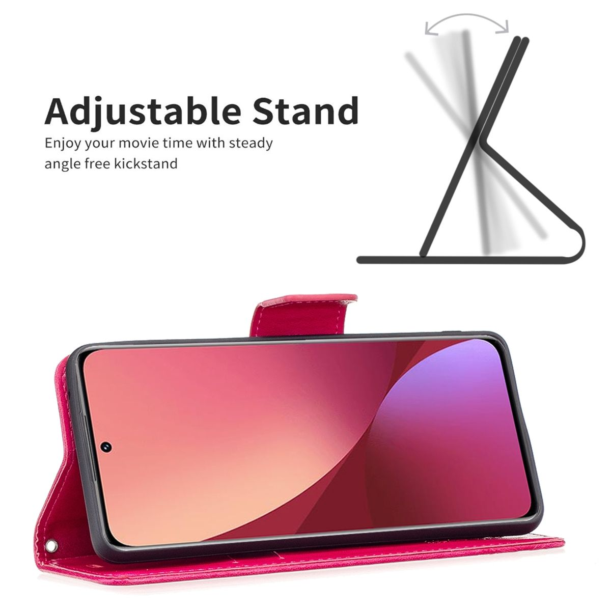 Geöffnete pinke Handyhülle mit Telefon. Text: Verstellbarer Ständer. Weißer Hintergrund.