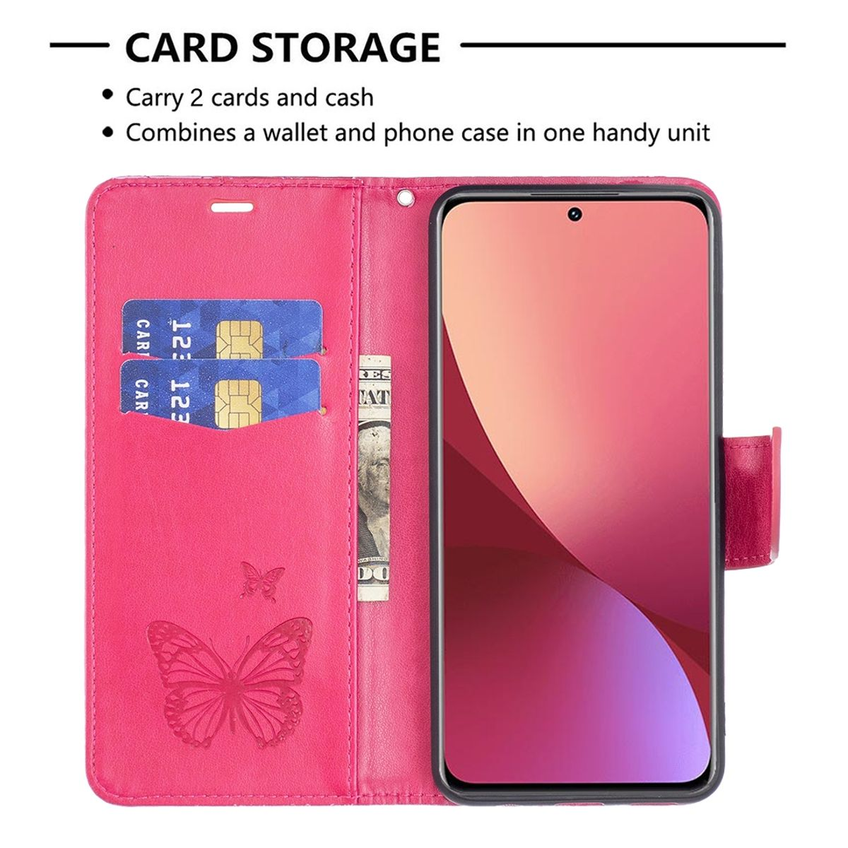Eine rosa Handyhülle, geöffnet, mit Karten und einem Telefon, das einen rosa Bildschirm zeigt.