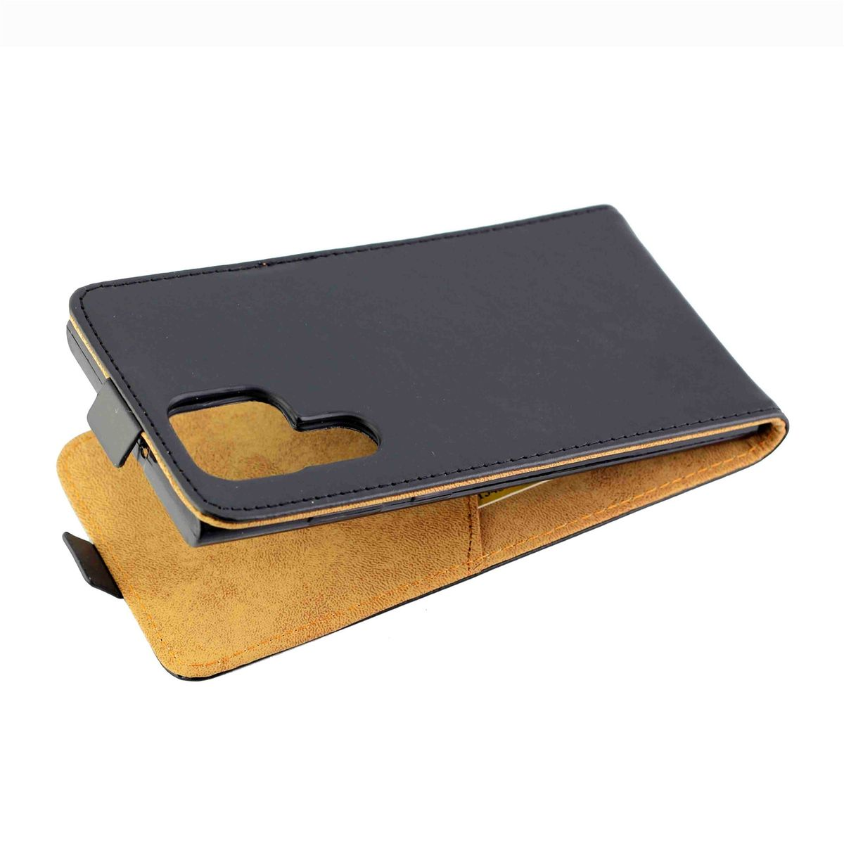 Schwarze Handyhülle offen mit einem Telefon darin. Die Innenseite des Gehäuses ist hellbraun.