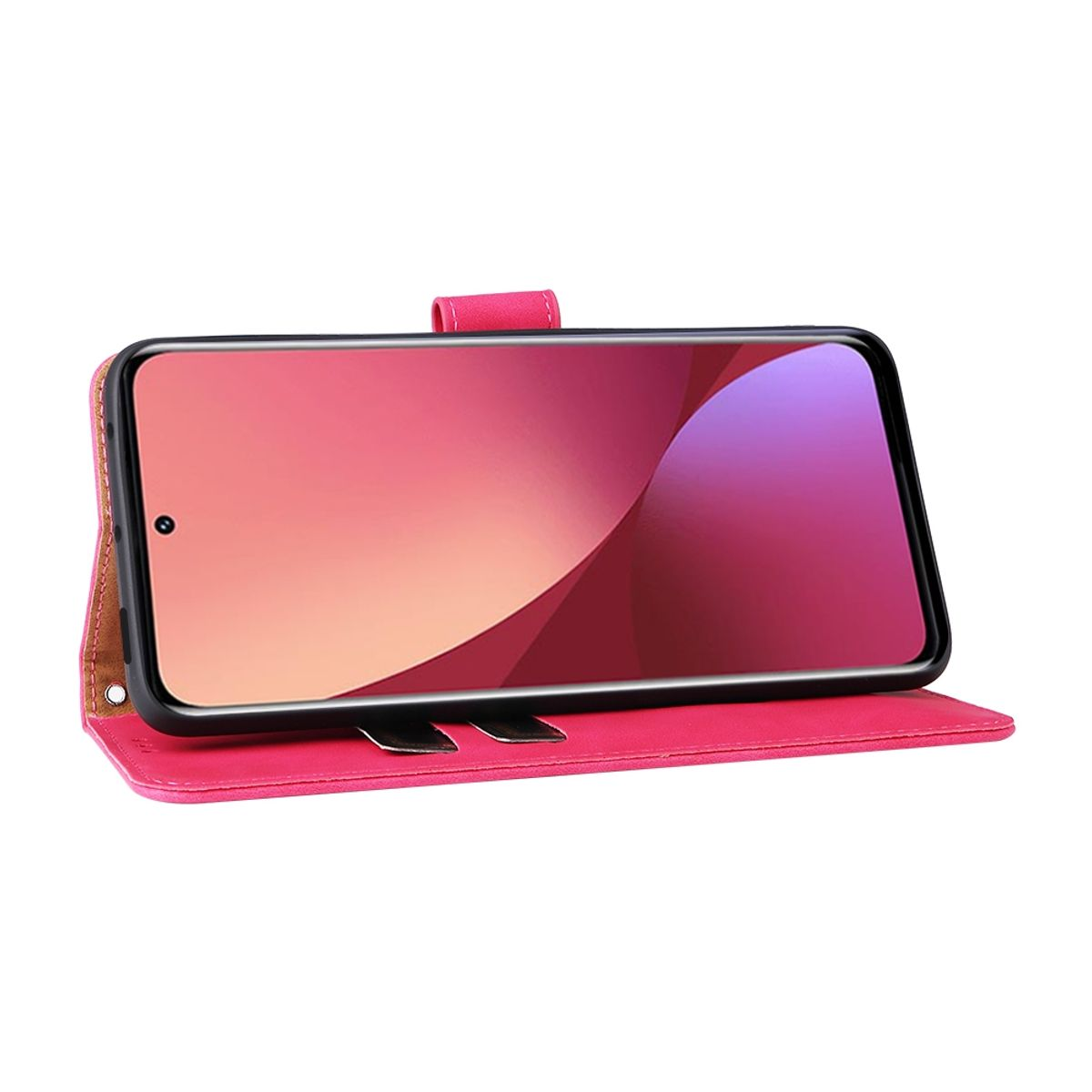 Geöffnete pinkfarbene Handyhülle mit einem Telefon auf weißem Hintergrund.