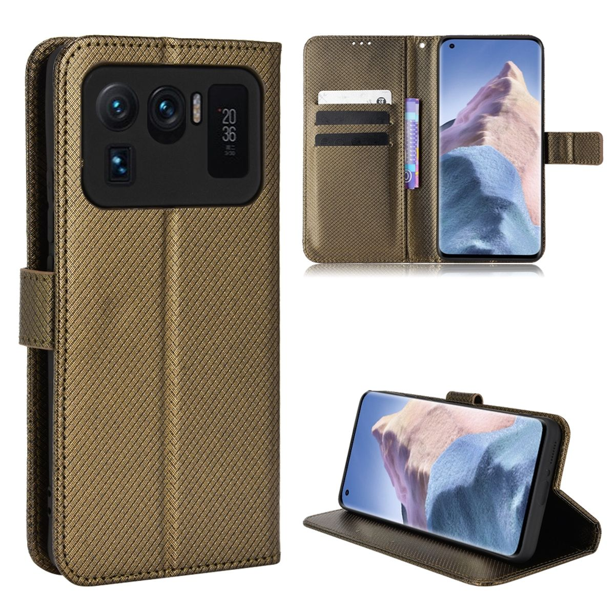 Olivgrüne Handyhülle mit einem Telefon im Inneren. Die Hülle ist offen und zeigt Kartenfächer und einen Telefonbildschirm.