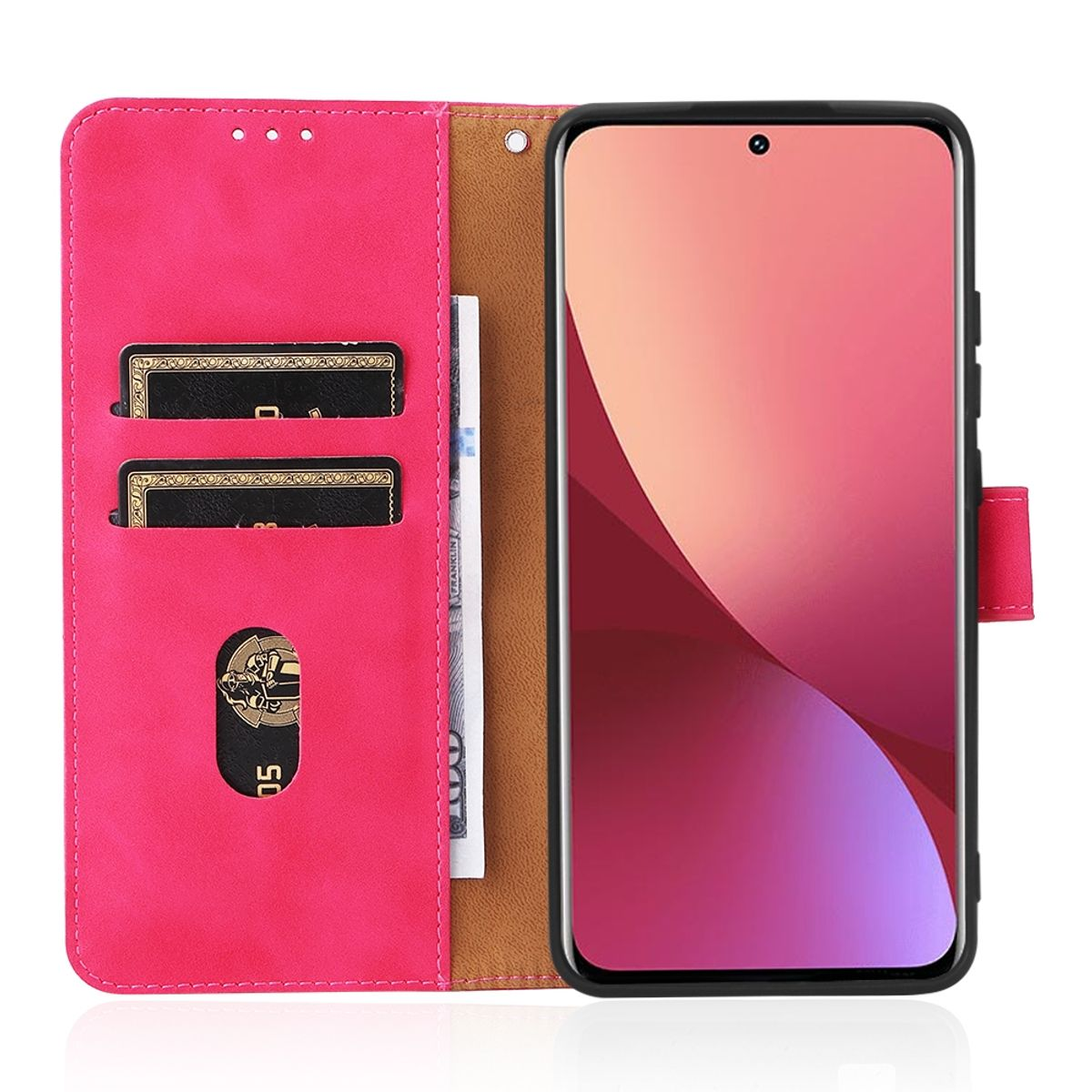 Rosa Handyhülle, offen. Ein rosa Telefon mit Farbverlauf ist sichtbar. Innen zwei Kartenfächer und ein Geldschlitz.