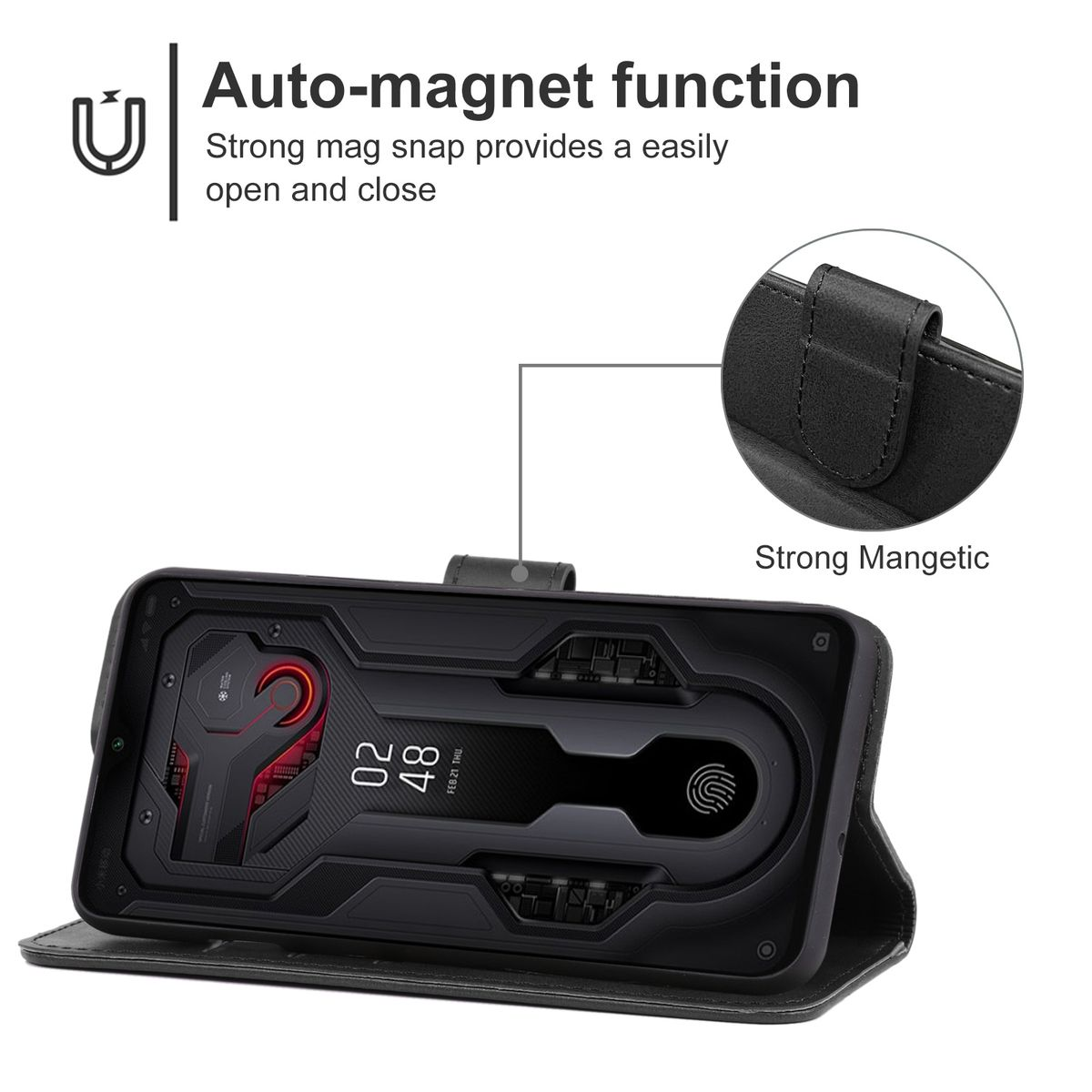 Schwarze Handyhülle offen, mit Telefon innen. Magnetische Funktion gezeigt.