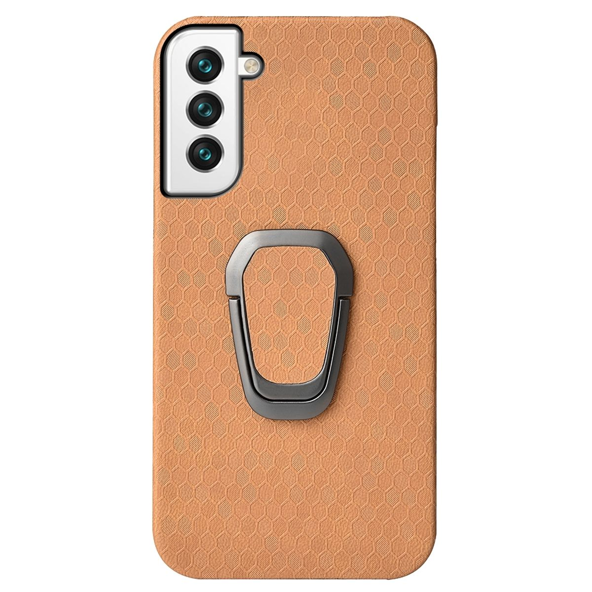 Orangefarbene Handyhülle mit Ringhalter. Telefon hat drei Kameralinsen.