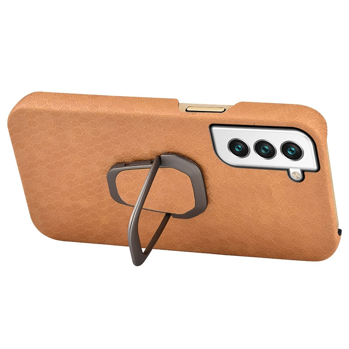 Eine braune Handyhülle mit einem Ringhalter und einem Telefon darin.