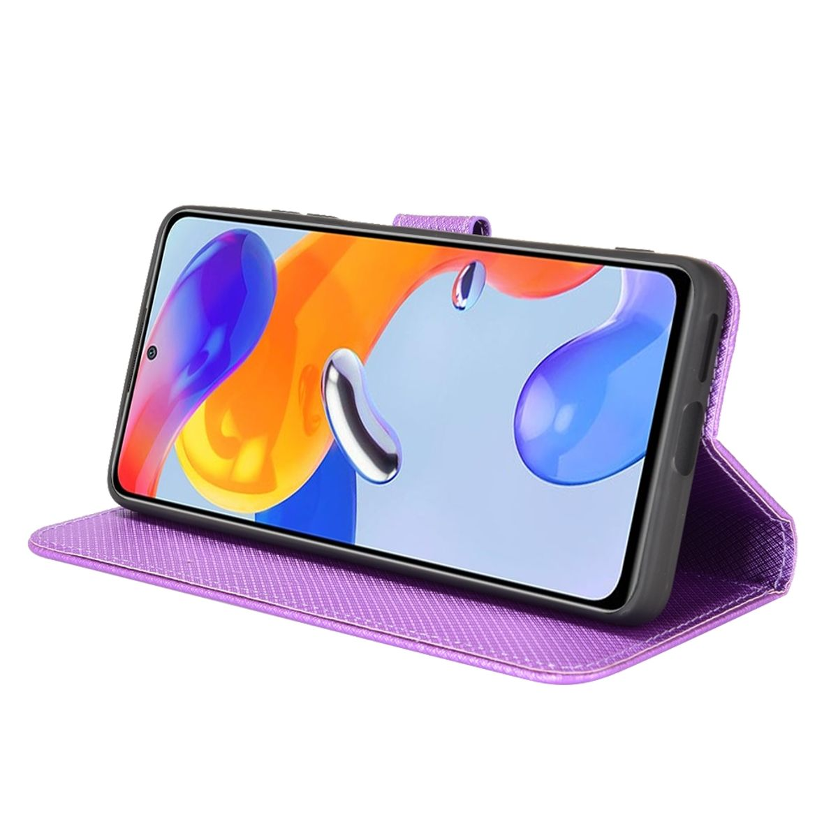 Telefon in lila Hülle, Bildschirm zeigt farbenfrohes Bild. Hülle ist geöffnet.