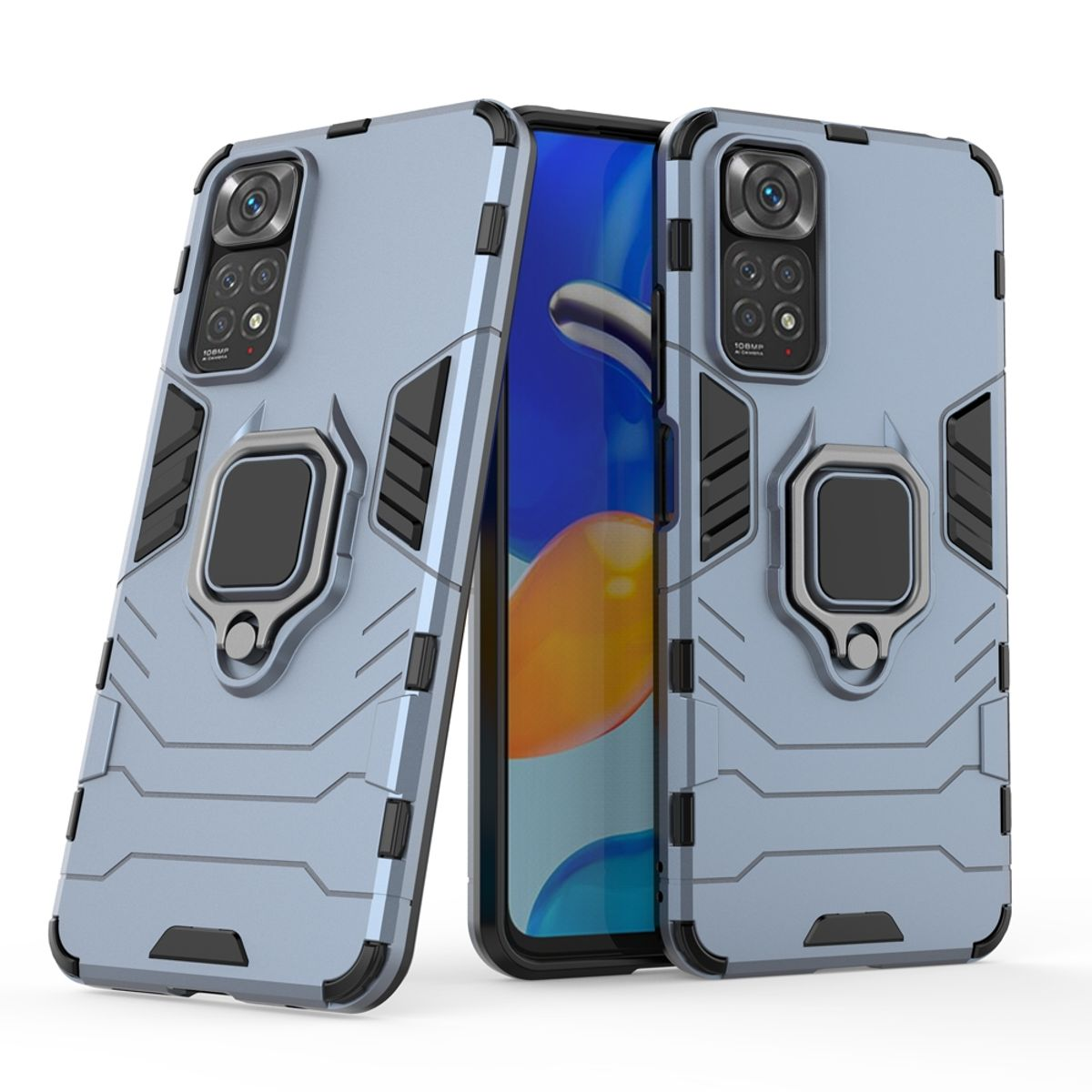 Zwei hellblaue Handyhüllen. Das Telefon zeigt ein blaues Farbverlaufbild. Metallring auf der Rückseite.